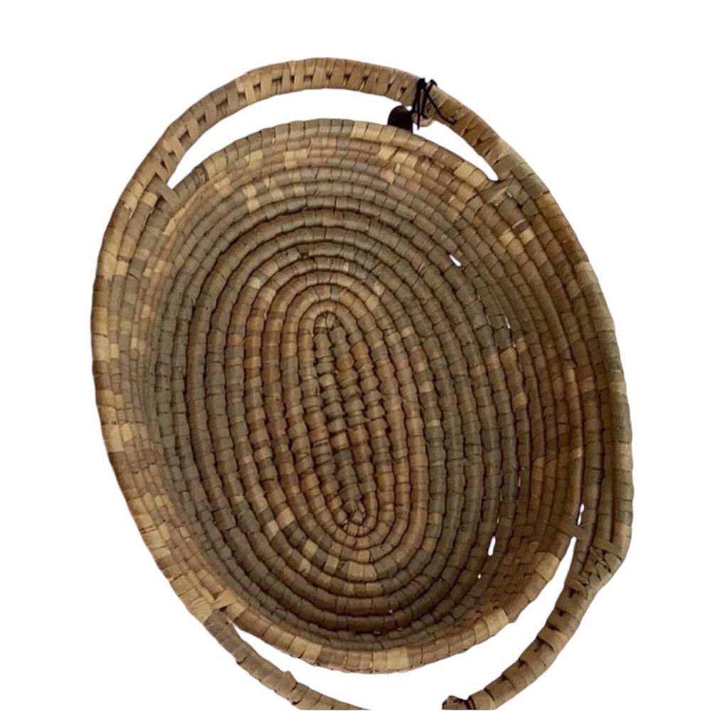 Handwoven Coil Natural Straw Reed Oval Basket With Sea Shells